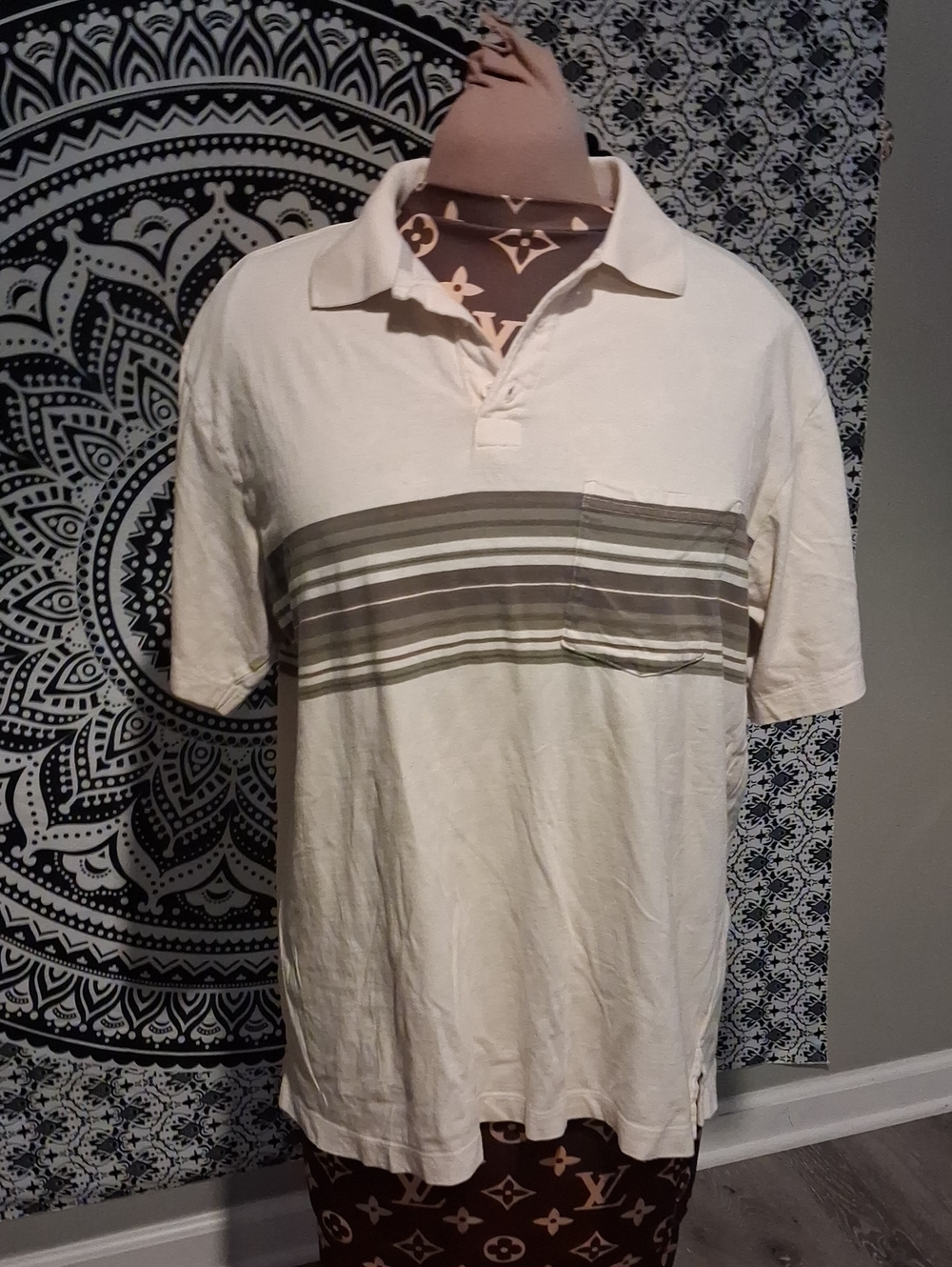 GAP Cream Polo with Olive and Gray Chest Stripes